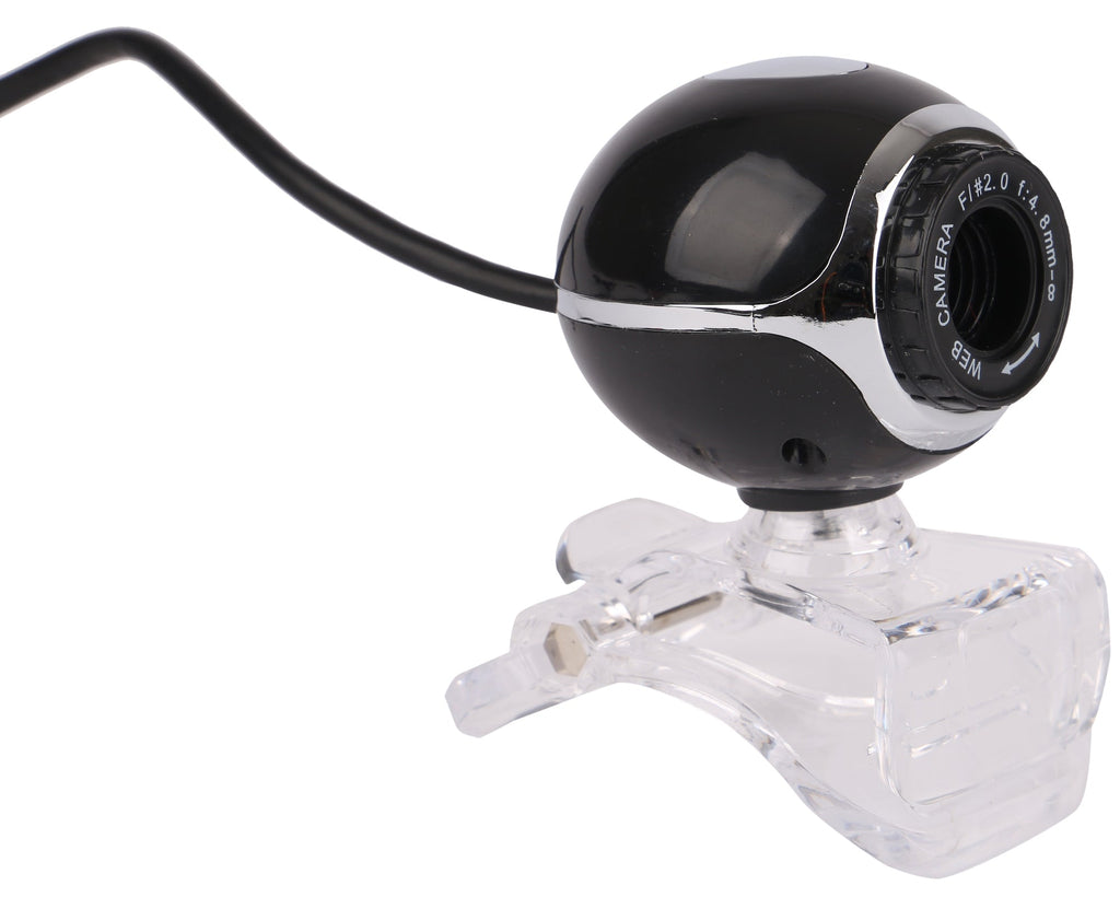 Cámara web negra con forma esférica, cable y base transparente en vista lateral