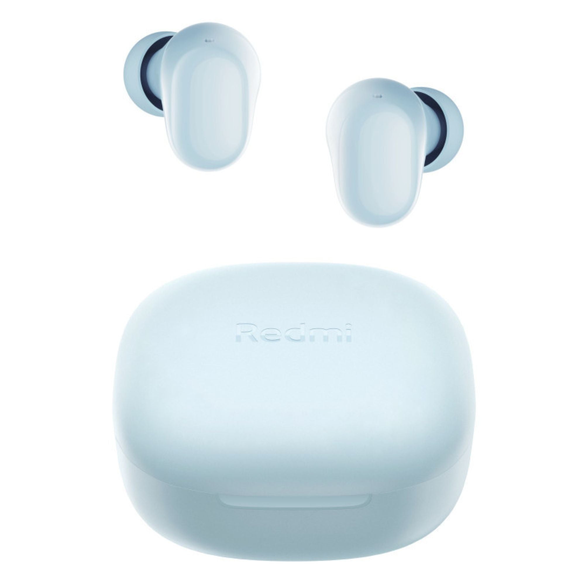 Auriculares inalámbricos Redmi celestes con estuche de carga en vista diagonal