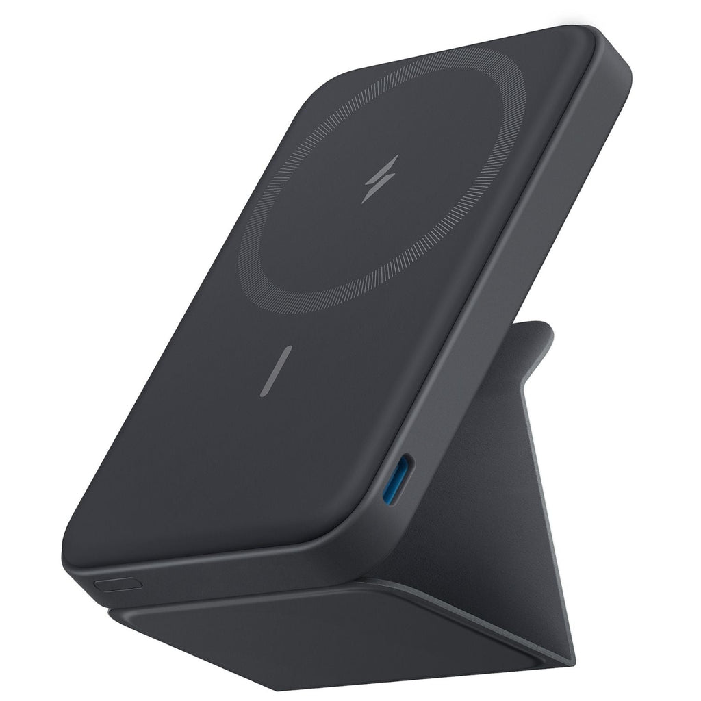 Batería externa inalámbrica negra con soporte para smartphone e indicadores LED