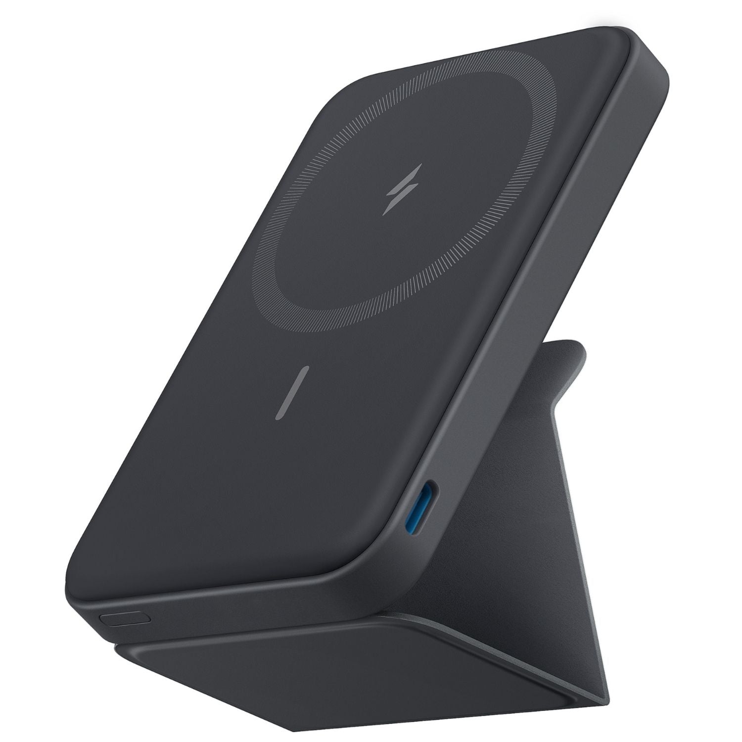 Batería externa inalámbrica negra con soporte para smartphone e indicadores LED