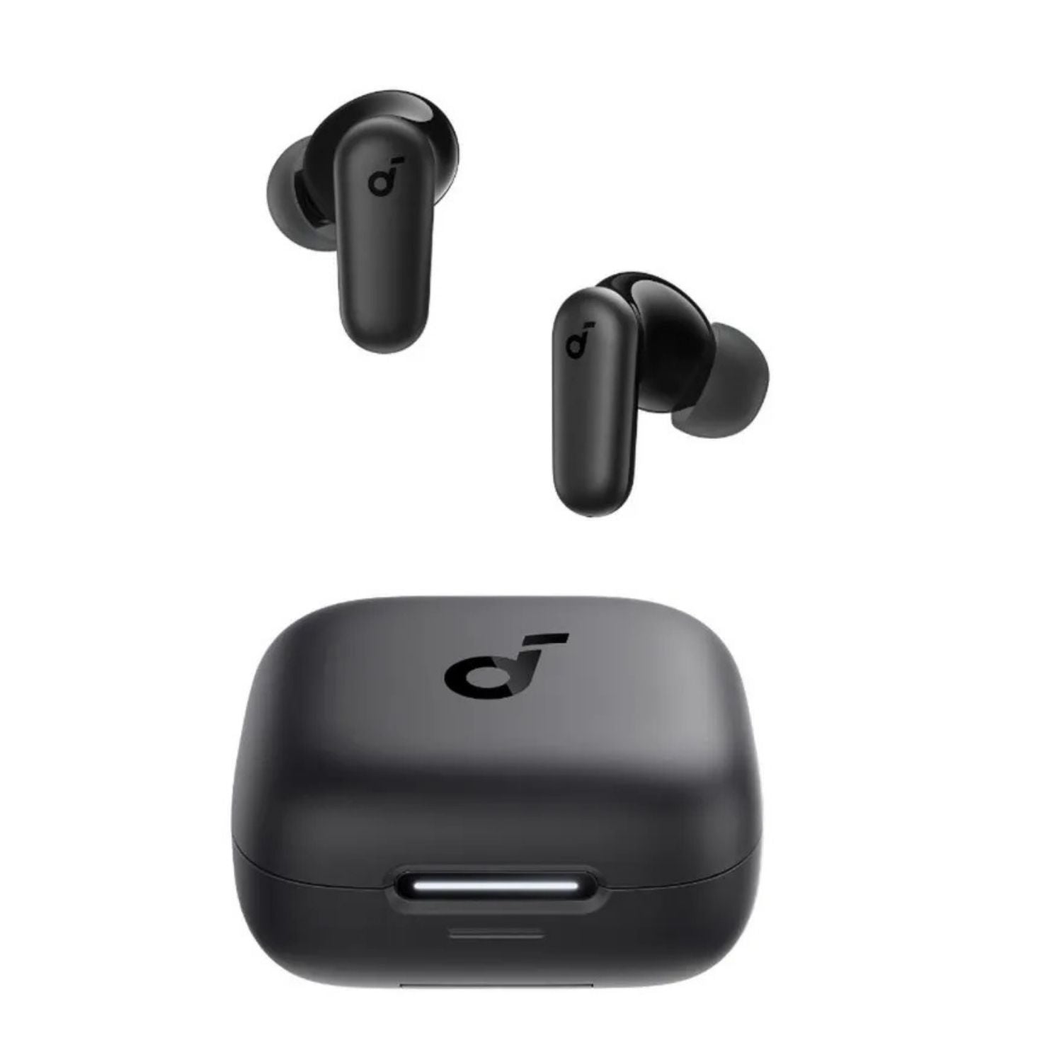 Auriculares inalámbricos Soundcore negros con estuche abierto e indicador LED en vista frontal