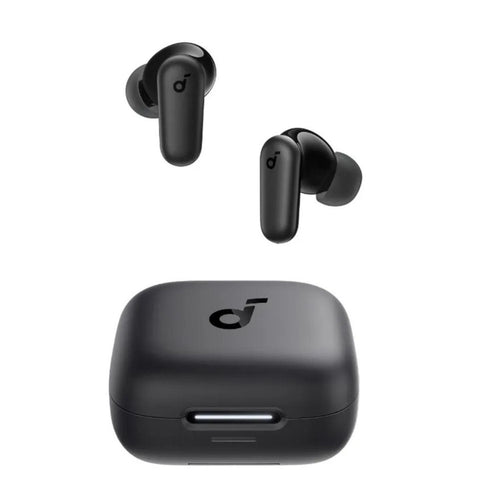 Auriculares inalámbricos Soundcore negros con estuche abierto e indicador LED en vista frontal