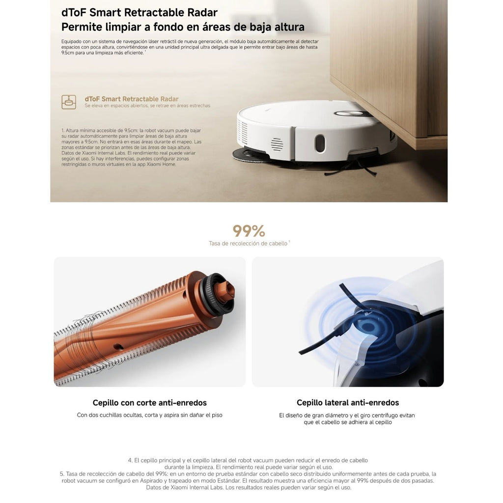 Aspiradora Robot Xiaomi Robot Vacuum 5 20000Pa Radar dToF Retráctil Mopa Extensible Autolavado Agua Caliente 140 Minutos Blanco Original + Accesorio de Regalo