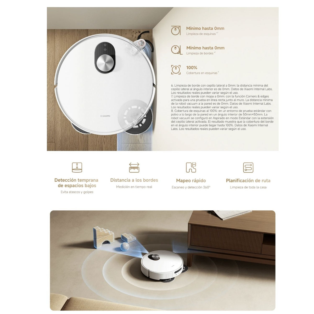 Aspiradora Robot Xiaomi Robot Vacuum 5 20000Pa Radar dToF Retractil Mopa Extensible Autolavado Agua Caliente 140 Minutos Blanco Original + Accesorio de Regalo