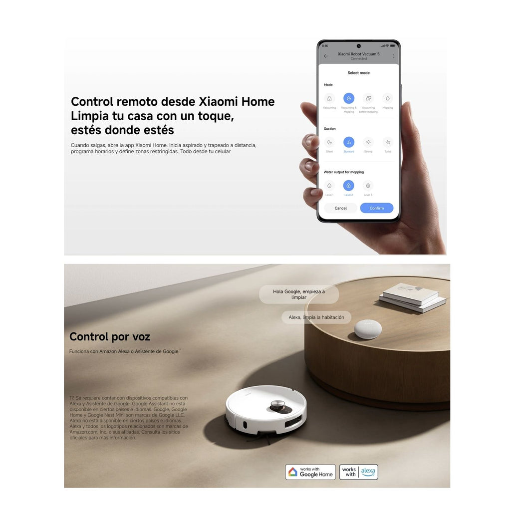 Aspiradora Robot Xiaomi Robot Vacuum 5 20000Pa Radar dToF Retractil Mopa Extensible Autolavado Agua Caliente 140 Minutos Blanco Original + Accesorio de Regalo