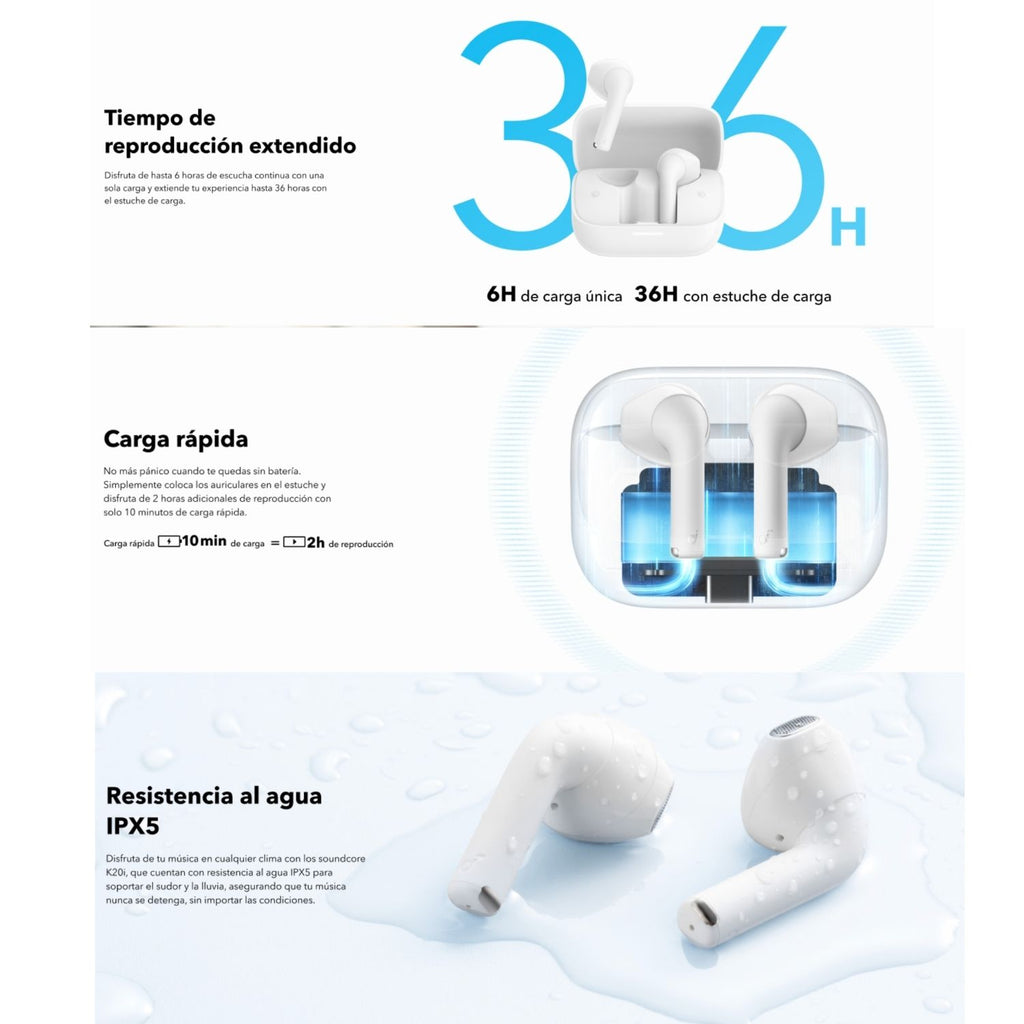 Audífonos Soundcore by Anker K20i Semi In-Ear TWS Bluetooth 5.3 36 Horas BassUp IPX5 Modo Gaming Blanco Original