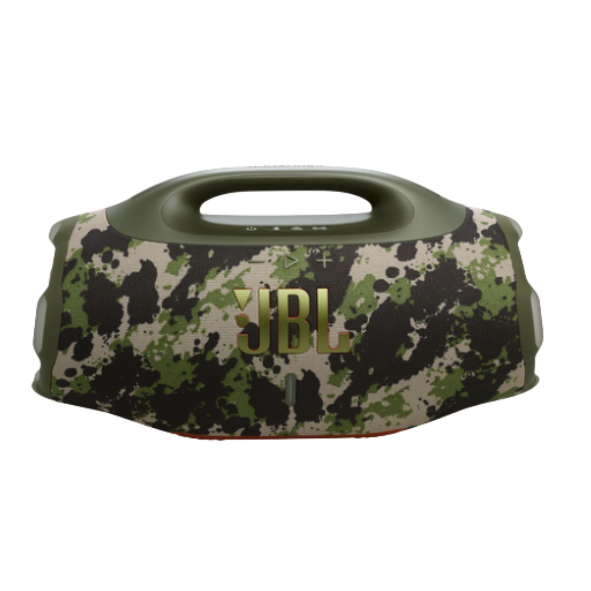 Caja de parlante JBL Boombox 4 camuflado verde con asa en vista diagonal