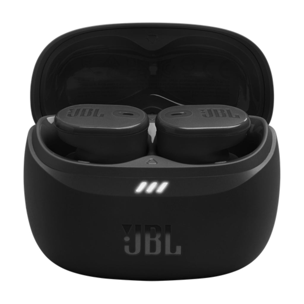 Estuche de carga JBL negro para audífonos, vista frontal con tres indicadores LED