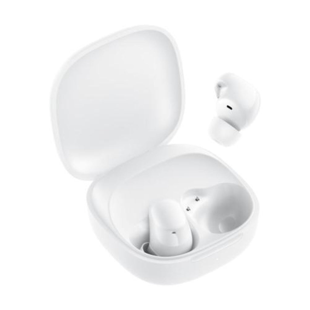 Estuche de carga Redmi blanco para audífonos, vista frontal con logo y luz LED