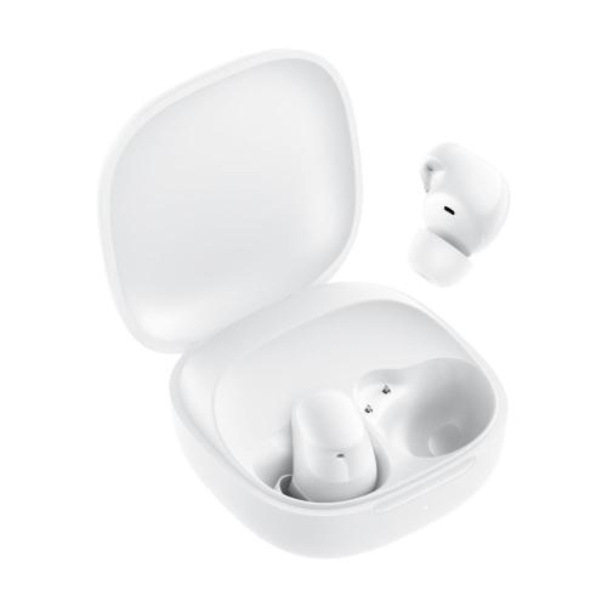 Estuche de carga Redmi blanco para audífonos, vista frontal con logo y luz LED