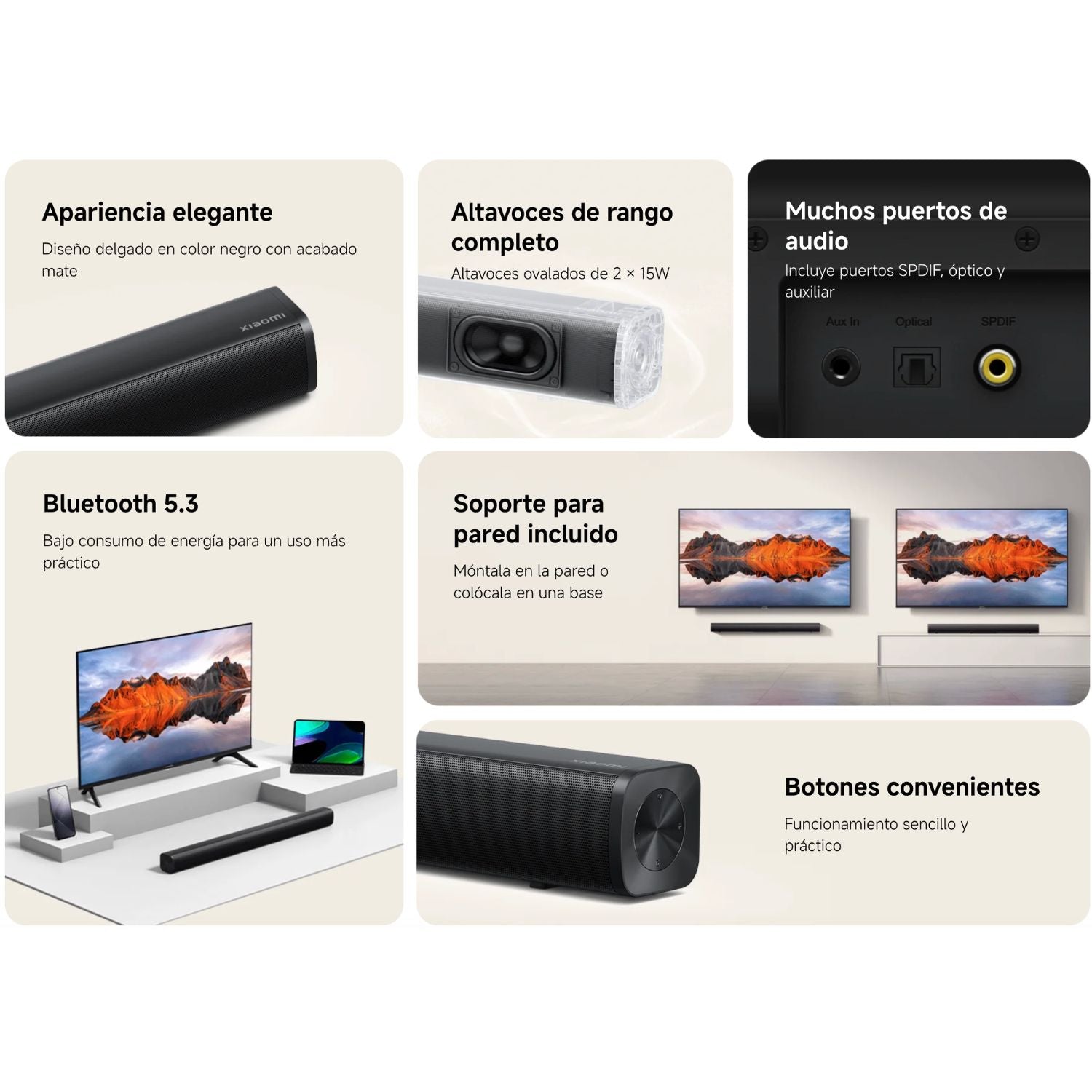 Barra de Sonido Xiaomi Soundbar 2.0 30W Bluetooth 5.3 Optico SPDIF AUX Montaje en Pared Negro