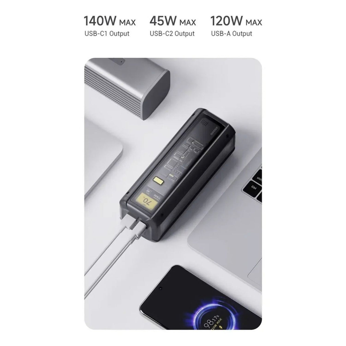 Batería Portátil Xiaomi HyperCharge 212W 25000mAh USB-C 140W USB-A 120W Pantalla LCD Diseño Transparente Negro Original