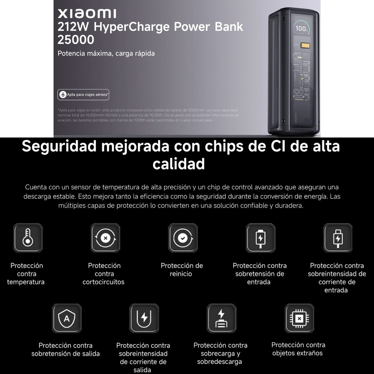 Batería Portátil Xiaomi HyperCharge 212W 25000mAh USB-C 140W USB-A 120W Pantalla LCD Diseño Transparente Negro Original