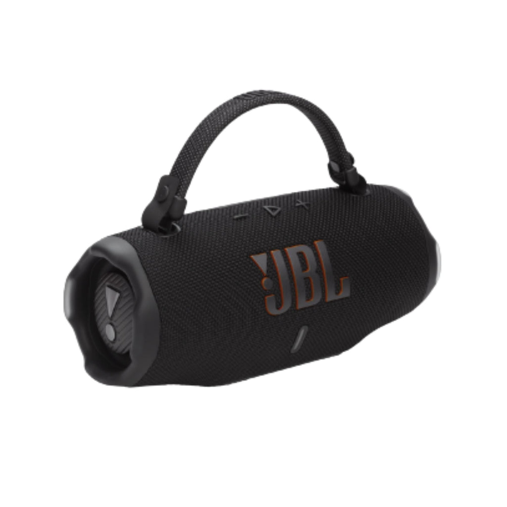 Caja de parlante portátil JBL Charge 6 negro con correa y rejilla en vista diagonal