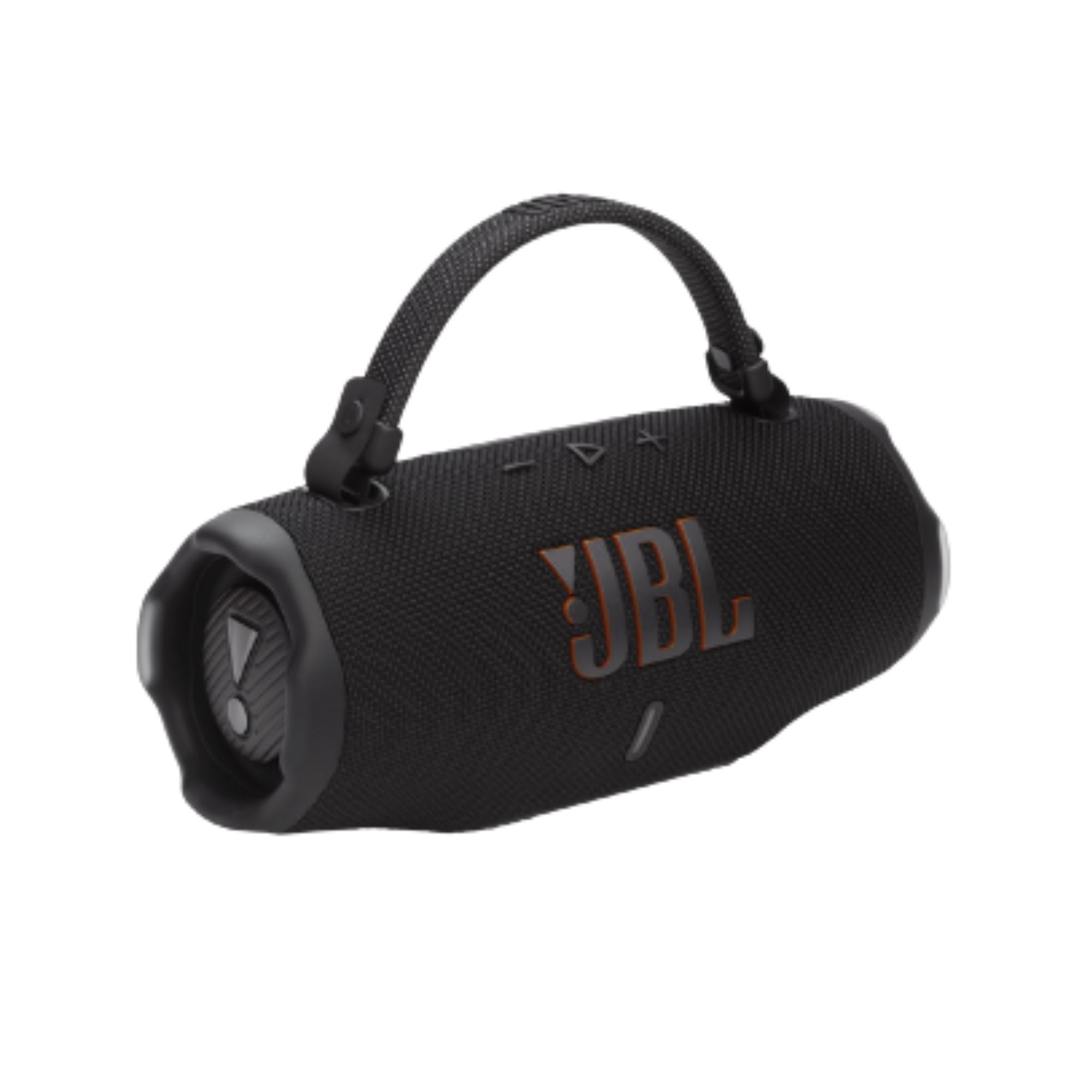 Caja de parlante portátil JBL Charge 6 negro con correa y rejilla en vista diagonal