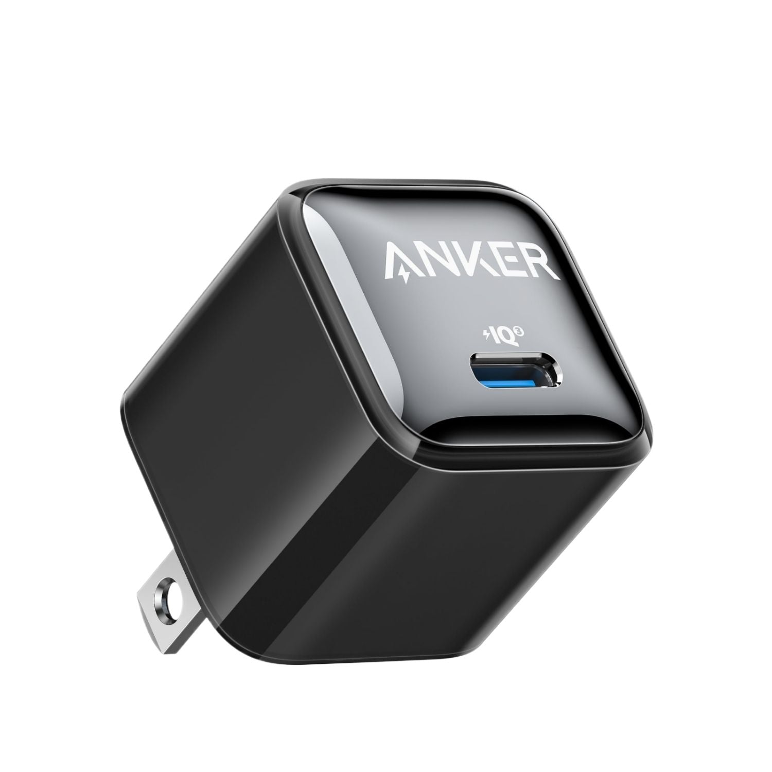 Cargador Anker USB C negro de 20 W sobre iPhone conectado con cable en vista frontal