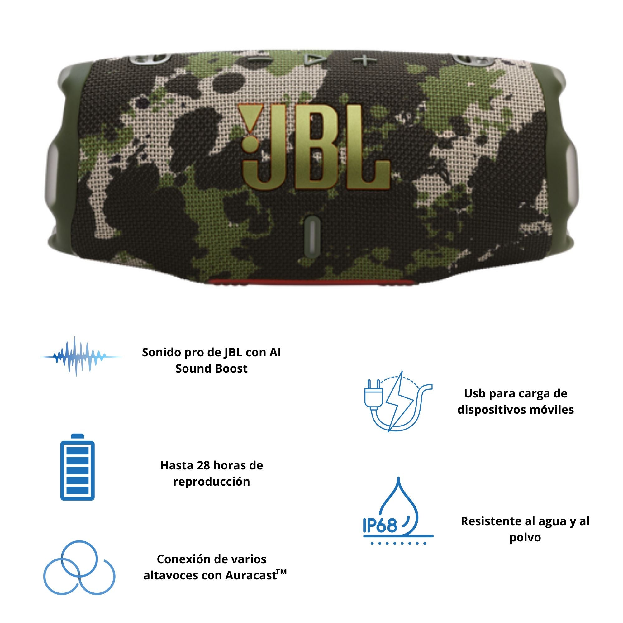 Parlante JBL Charge 6 Potente IP68 Powerbank Bluetooth 28 hrs Camuflado