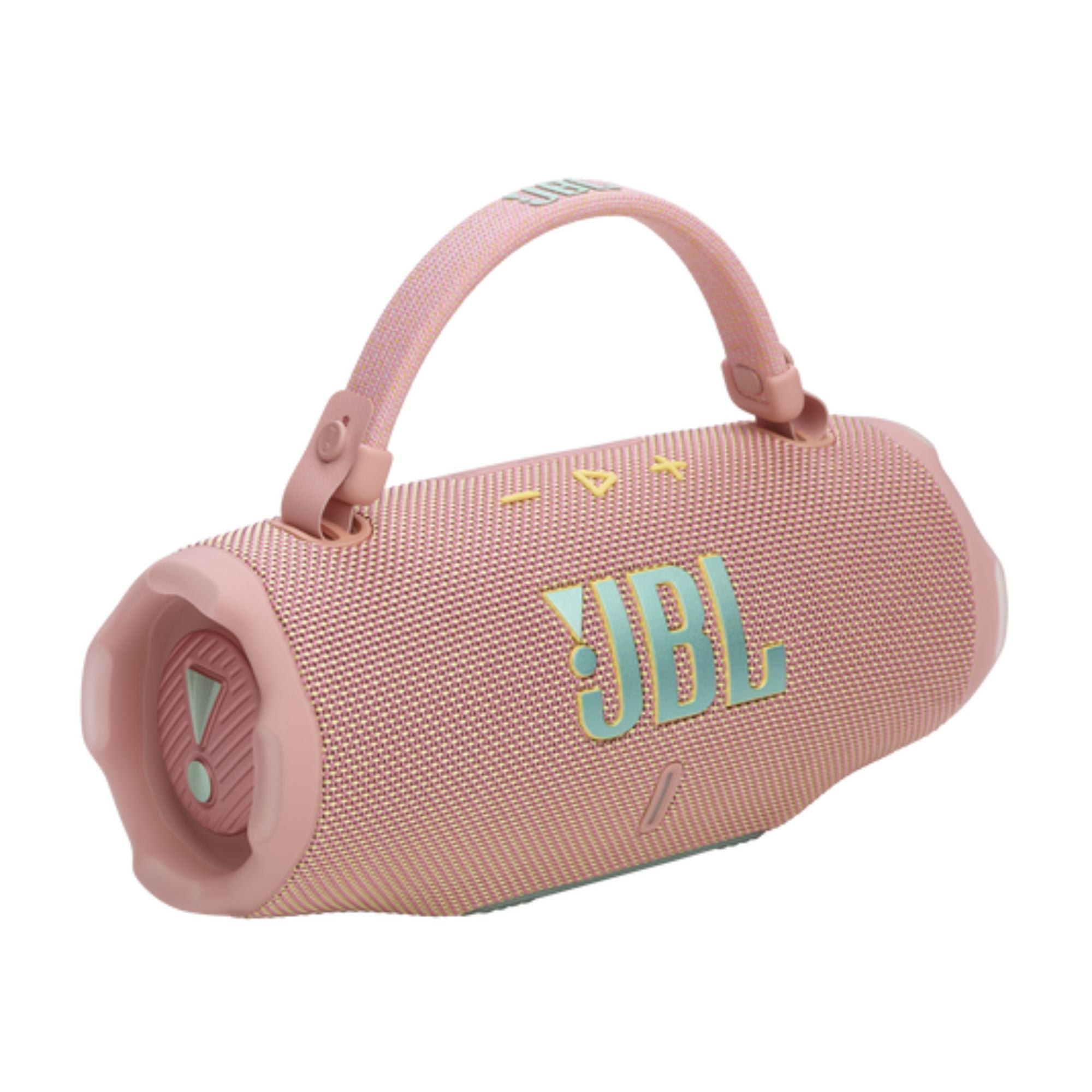 Caja de parlante portátil JBL Charge 6 rosa con asa, vista diagonal frontal