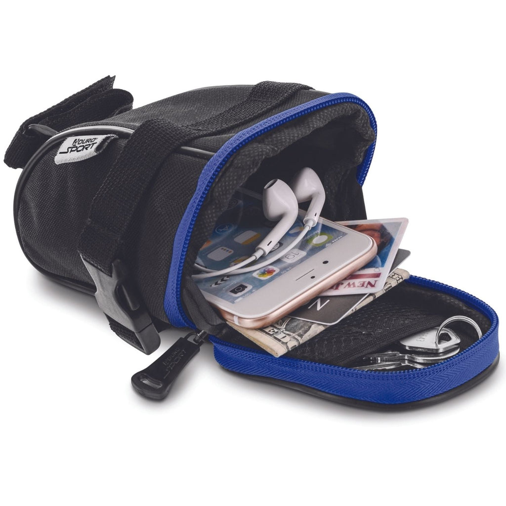 Bolsa de sillín Aduro Sport negra con cierre azul y correa con hebilla en vista lateral