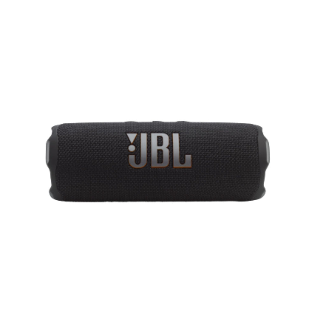 Parlante portátil JBL Flip 7 negro con textura tejida, correa lateral y botones en vista trasera
