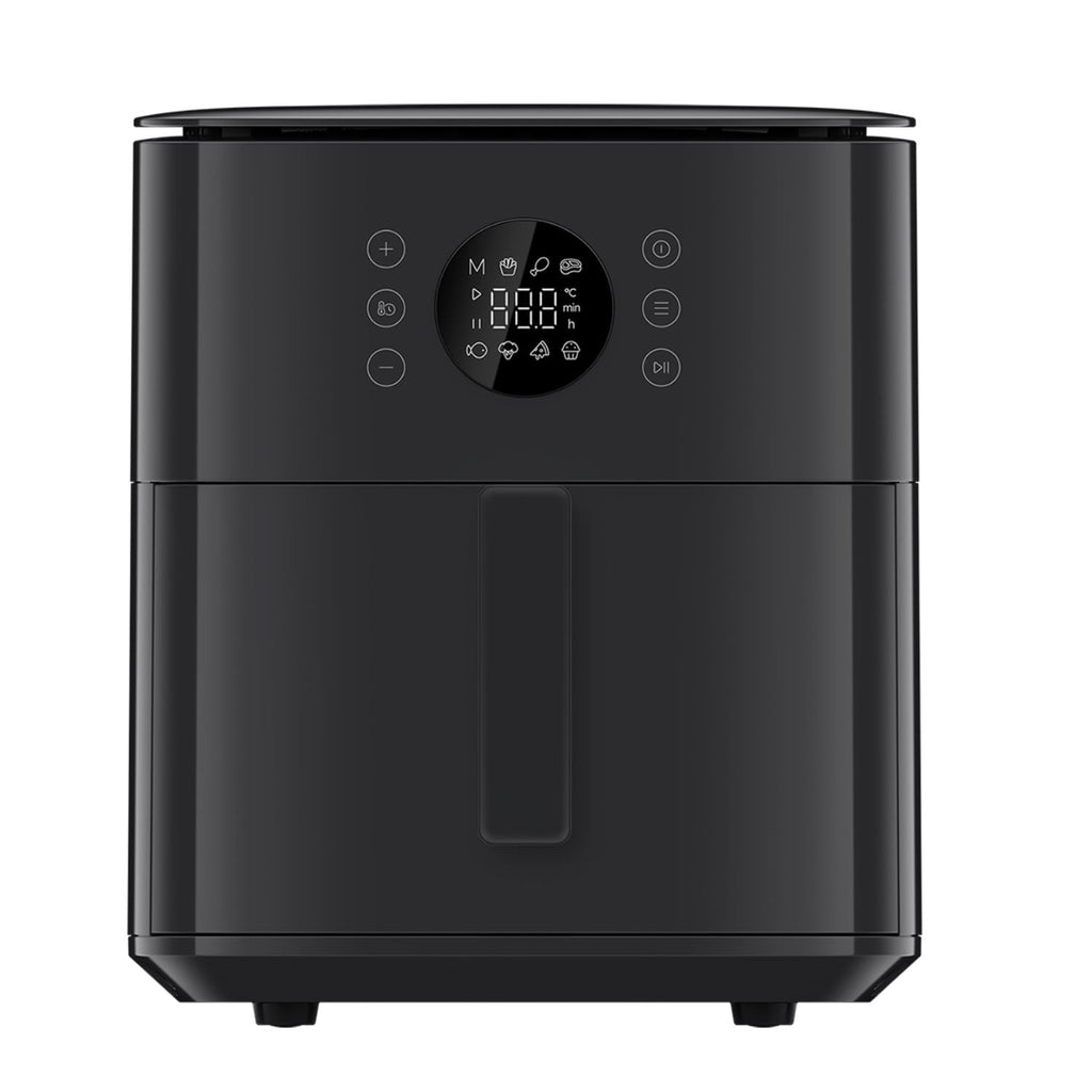 Xiaomi Air Fryer de 6,5 L blanca con panel circular en infografía de funciones