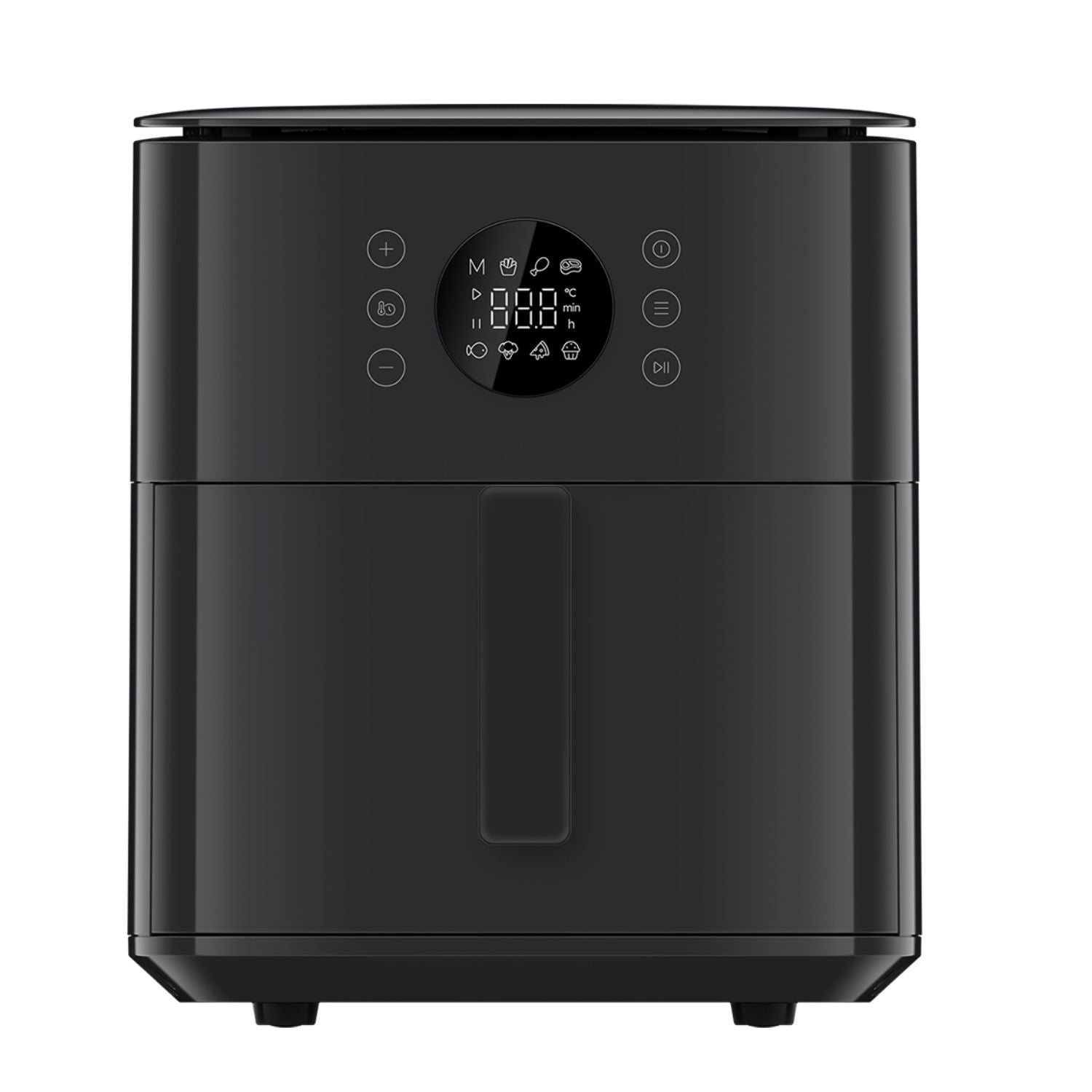 Xiaomi Air Fryer de 6,5 L blanca con panel circular en infografía de funciones