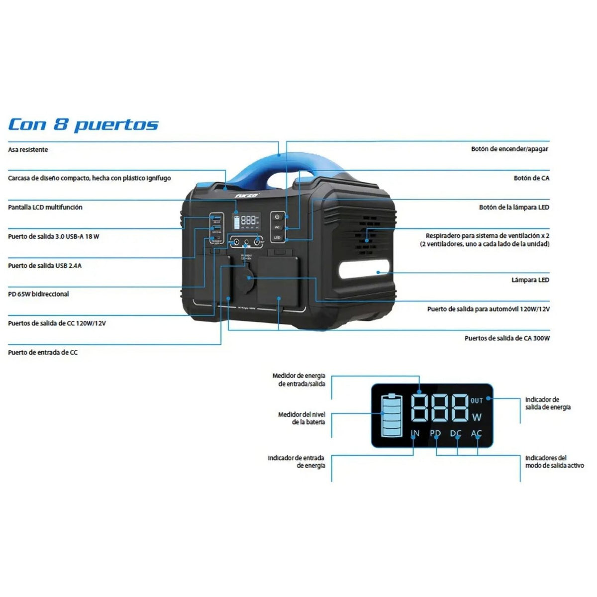 Planta Eléctrica Portátil Forza FPP-T300 Titan 300W Batería LiMnFePO4 2AC 6DC Lámpara LED Solar MPPT Negro Original + Accesorio de Regalo