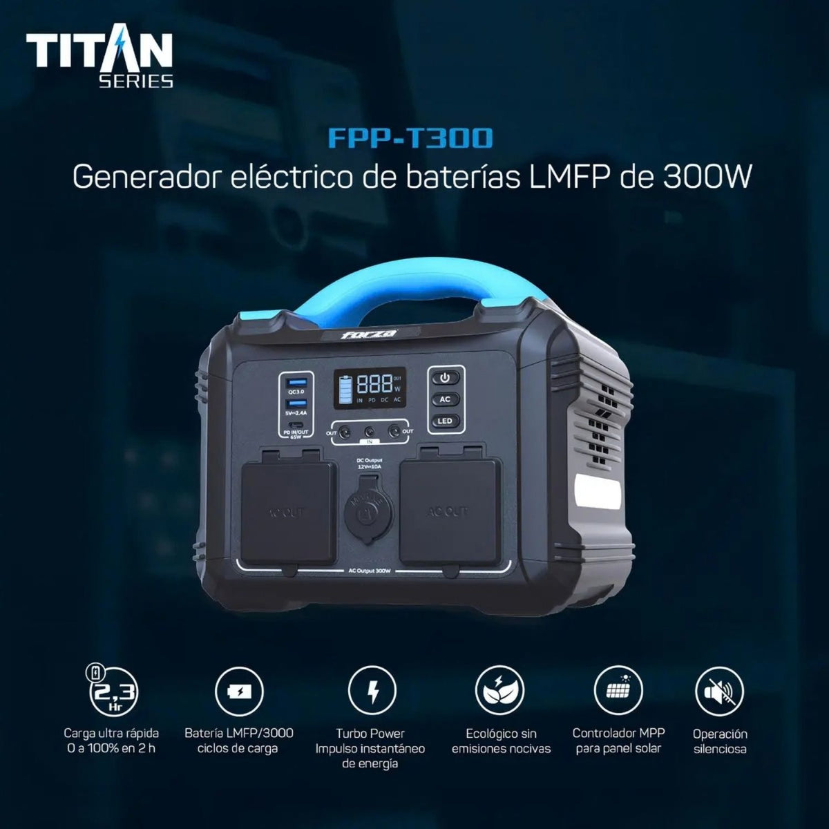 Planta Eléctrica Portátil Forza FPP-T300 Titan 300W Batería LiMnFePO4 2AC 6DC Lámpara LED Solar MPPT Negro Original + Accesorio de Regalo