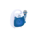 Caja de parlante karaoke Vivitar iSing azul y blanco con micrófono en vista frontal