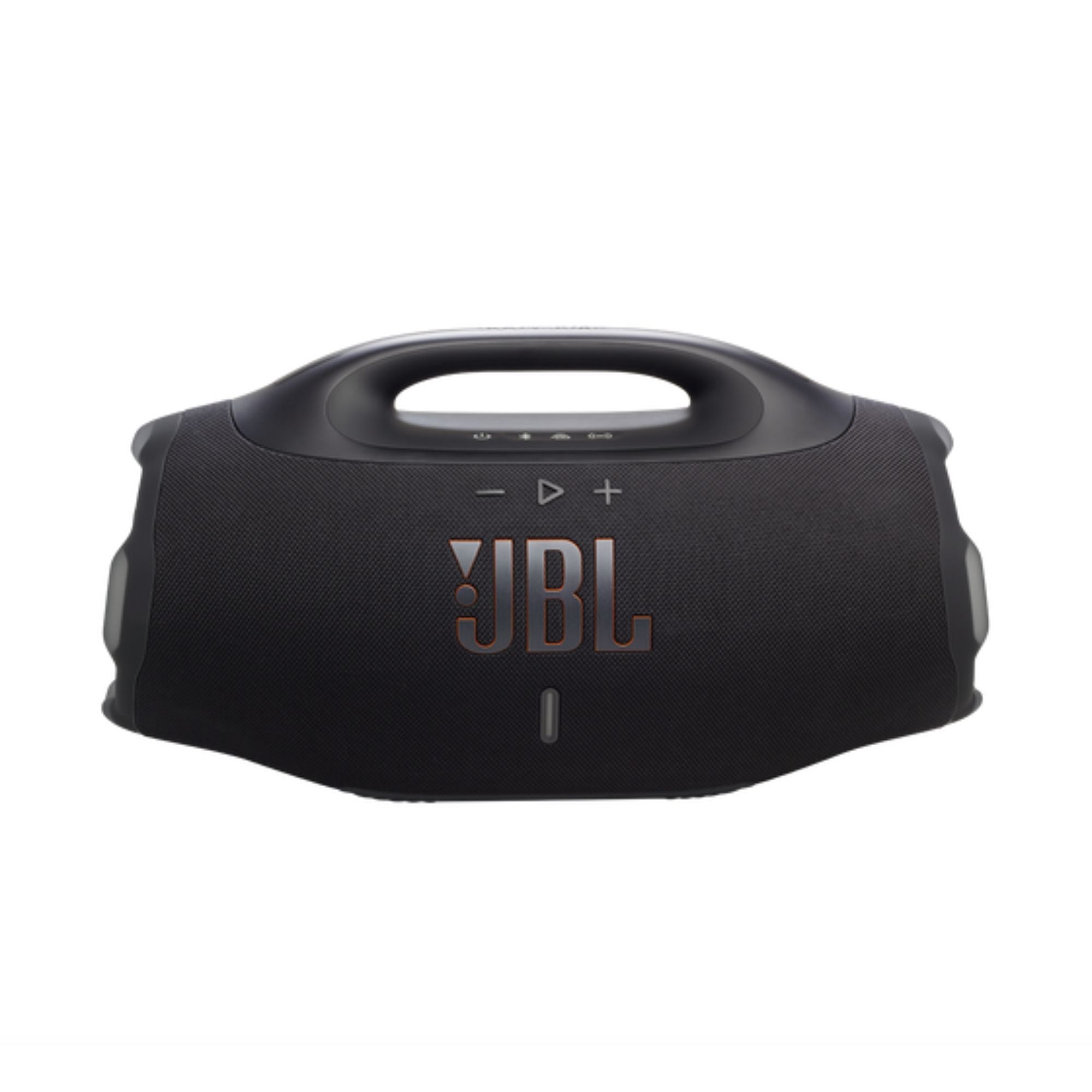 Parlante portátil JBL negro con asa superior y logo visible en vista frontal en la playa