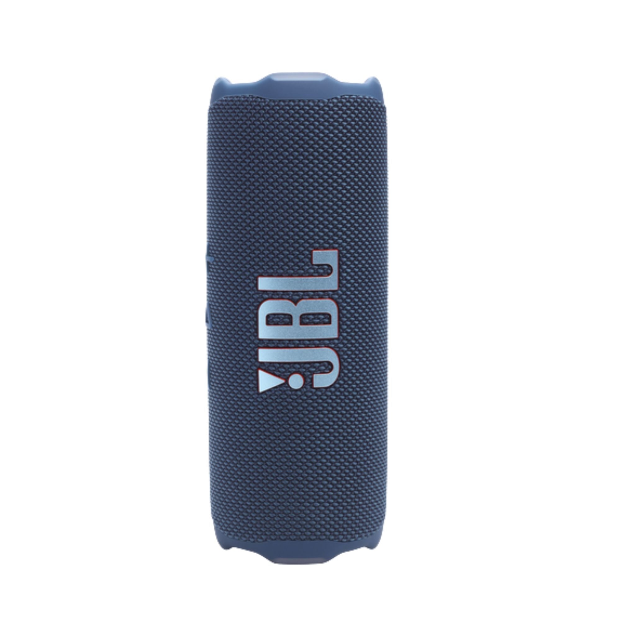 Parlante portátil JBL azul con malla texturizada y logo vertical en vista frontal