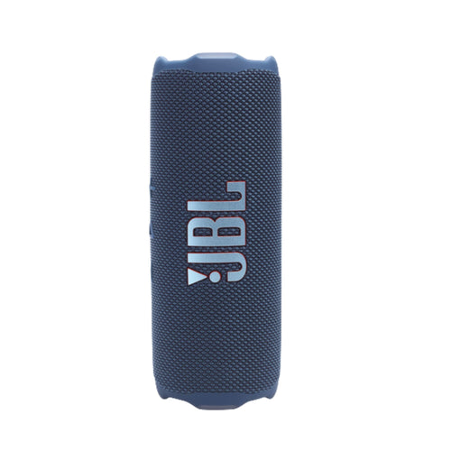 Parlante portátil JBL azul con malla texturizada y logo vertical en vista frontal
