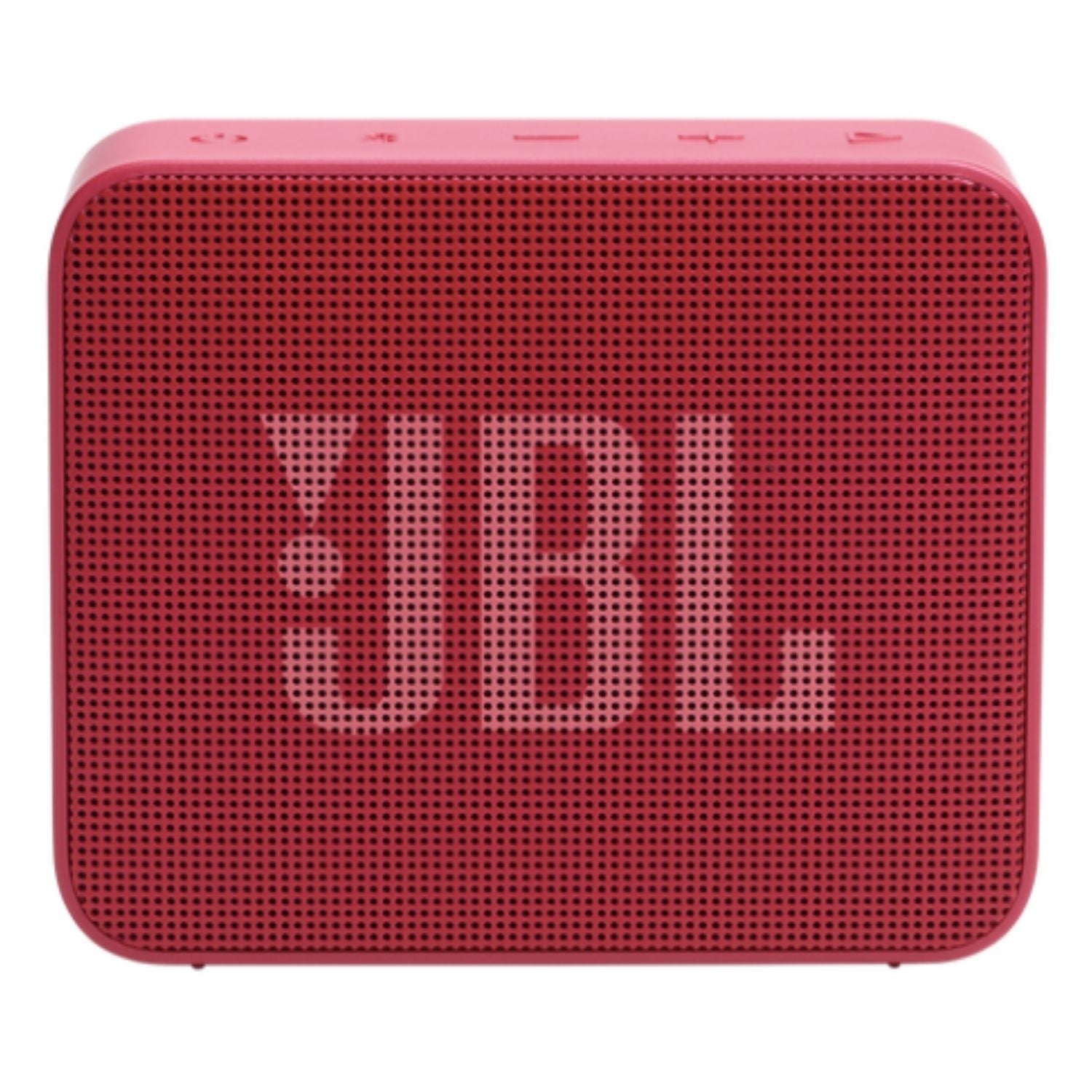 Parlante portátil JBL rojo sobre césped junto a carpa azul en vista superior