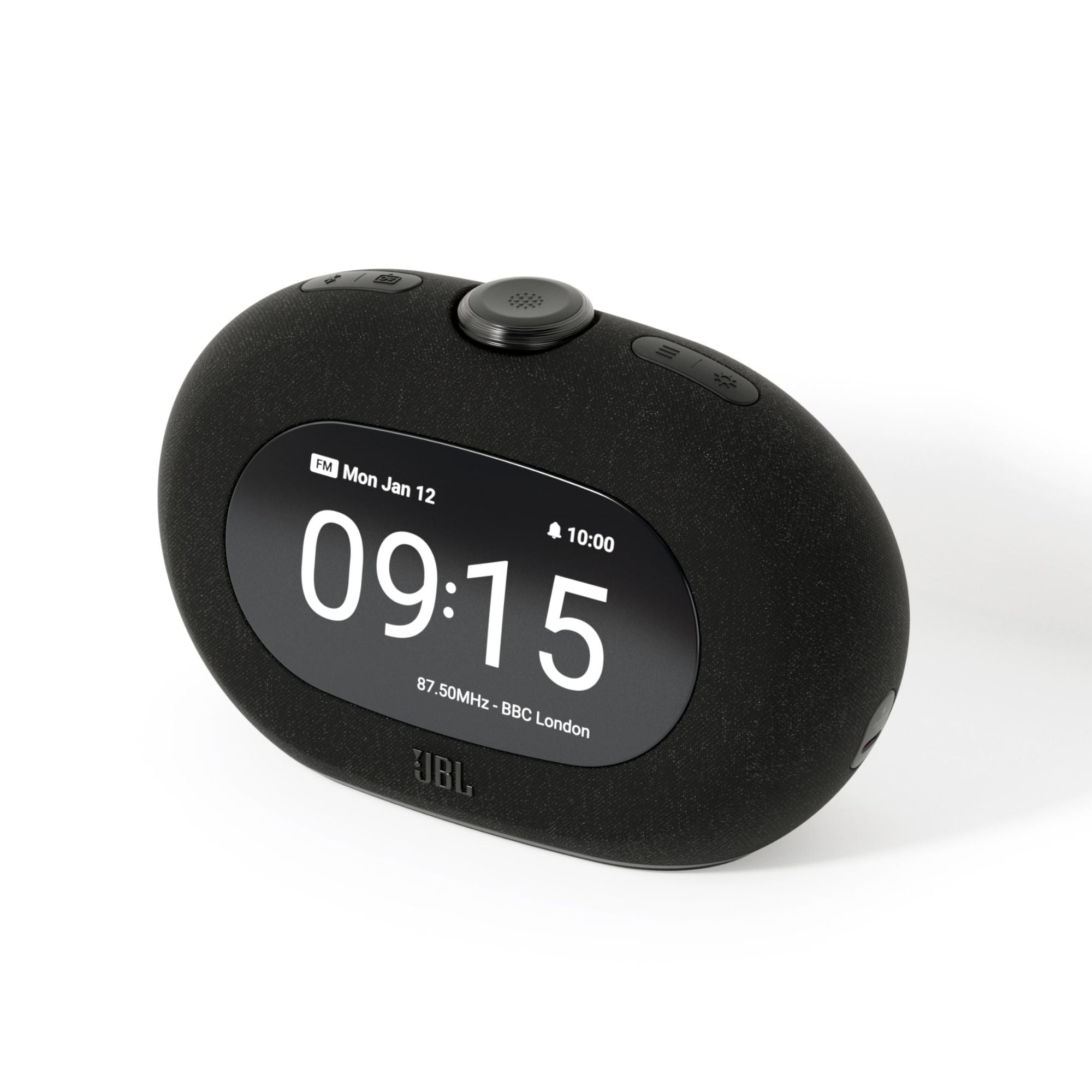 Reloj despertador JBL negro con altavoz de tela y pantalla digital en vista frontal