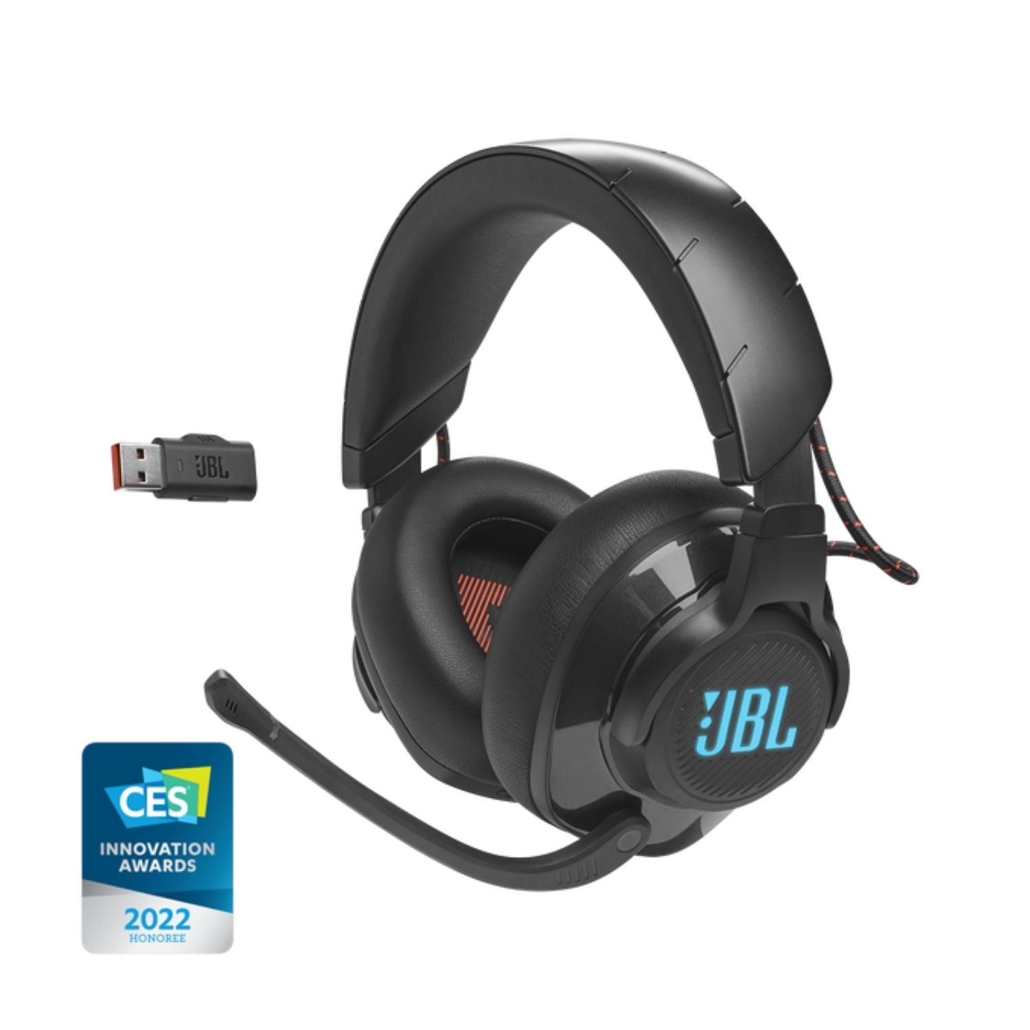 Caja de audífonos gamer JBL Quantum 610 Wireless negros con micrófono en vista diagonal