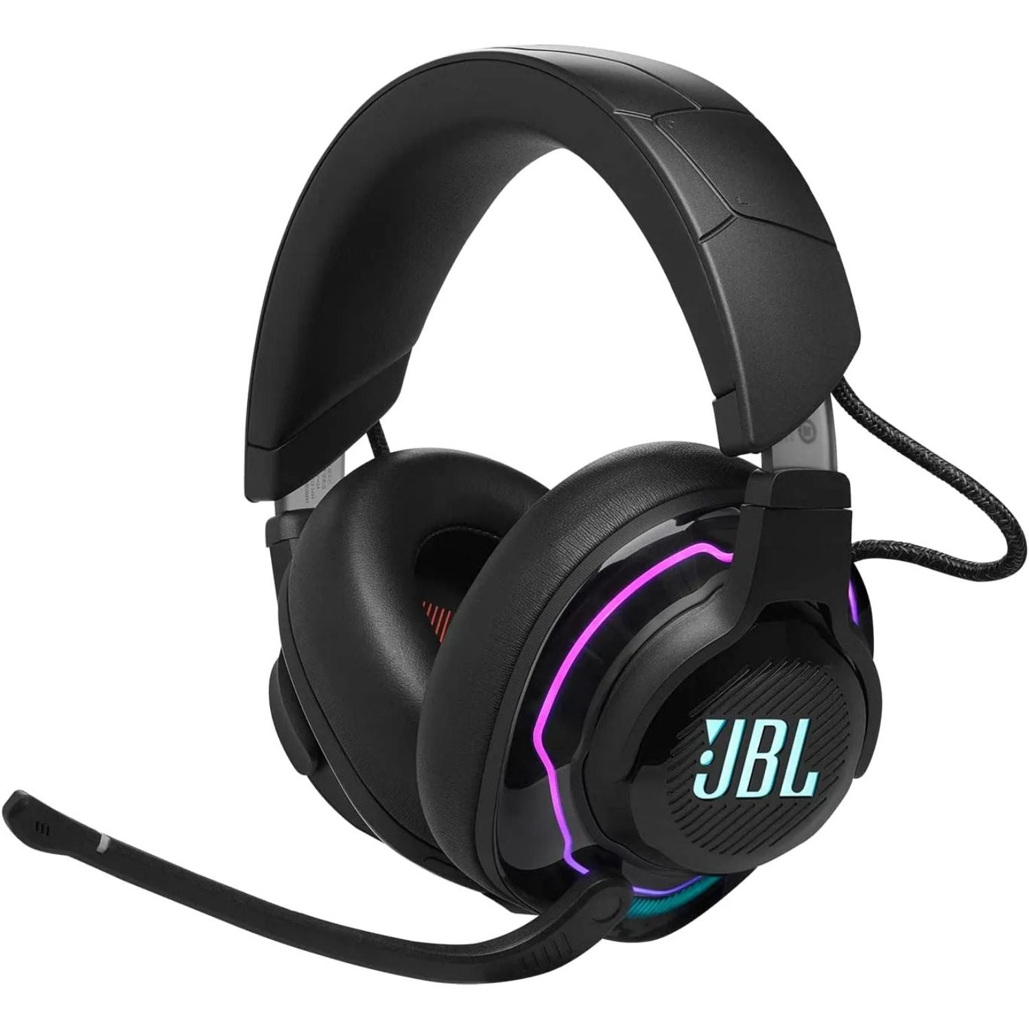 Audífonos gamer JBL negros con micrófono, luces moradas y adaptador USB en vista frontal