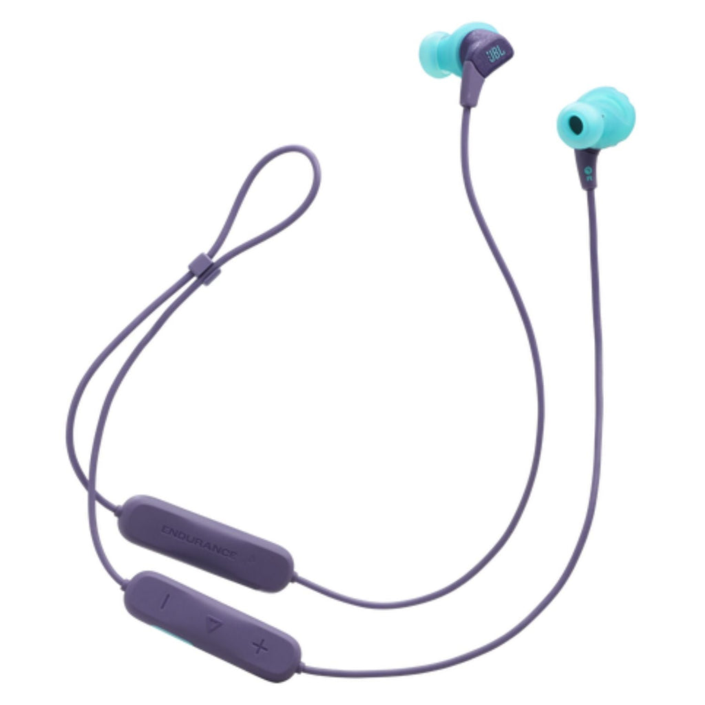 Audífonos intraurales con cable morado y almohadillas turquesa en vista frontal