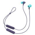 Audífonos intraurales con cable morado y almohadillas turquesa en vista frontal