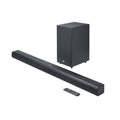 Barra de sonido negra con subwoofer, vista trasera con puertos y conducto bass reflex
