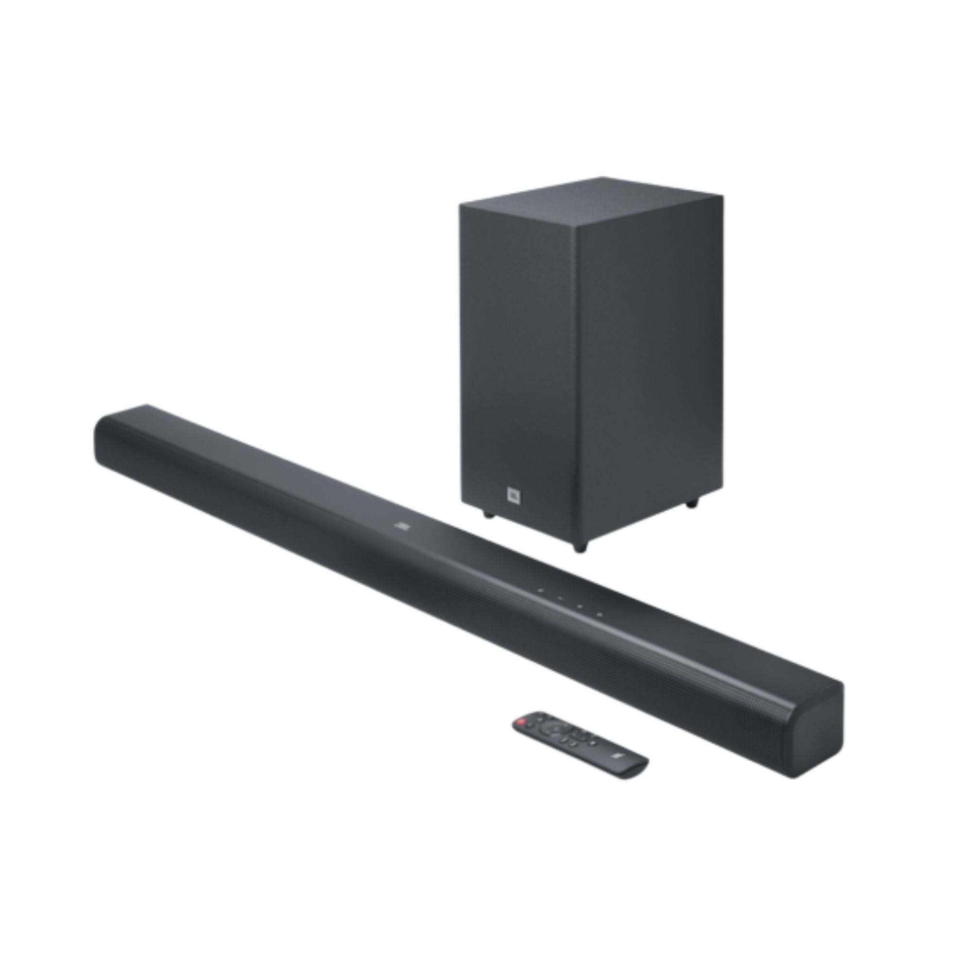 Barra de sonido negra con subwoofer, vista trasera con puertos y conducto bass reflex