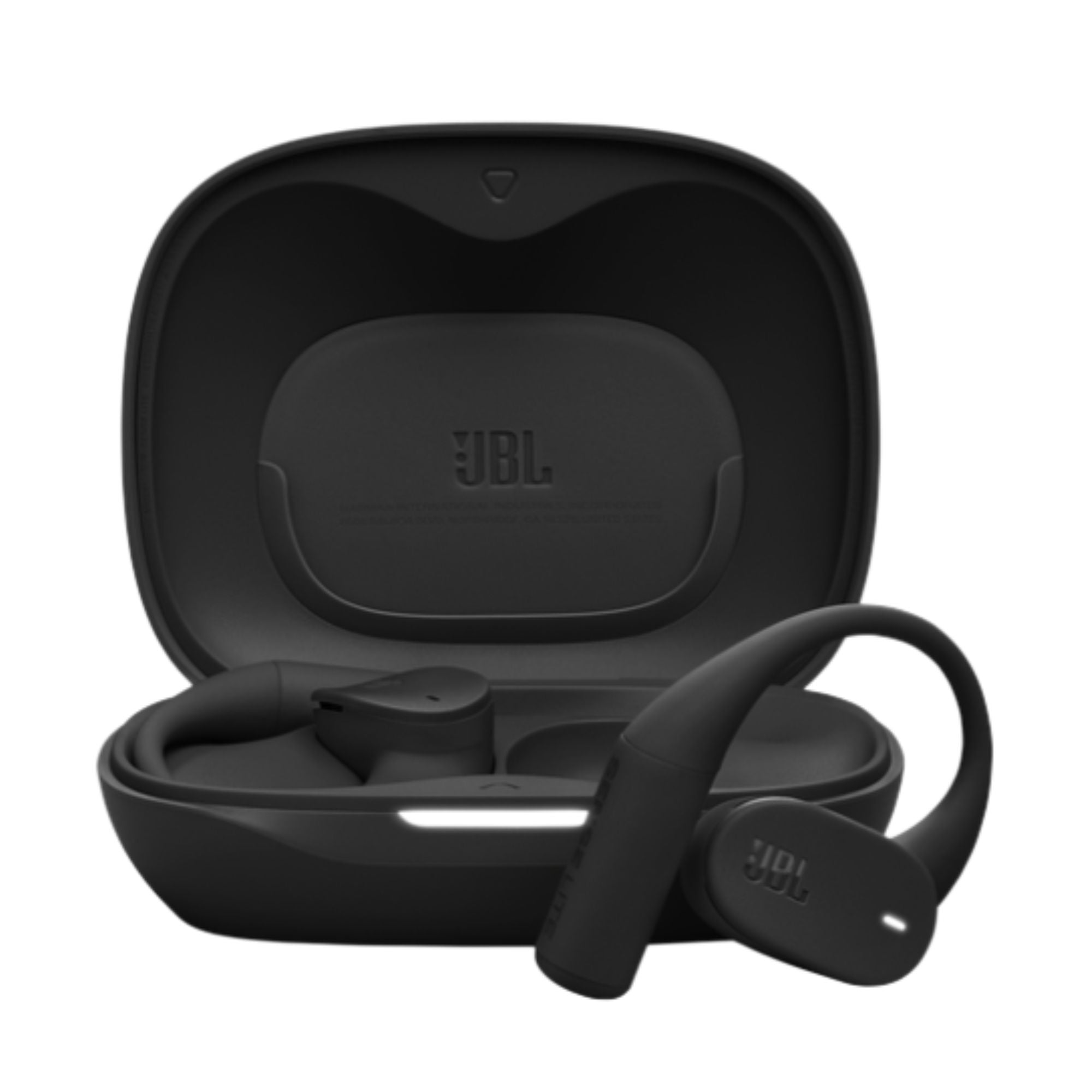 Caja de audífonos JBL Sense Lite negros con diseño de oído abierto en vista diagonal
