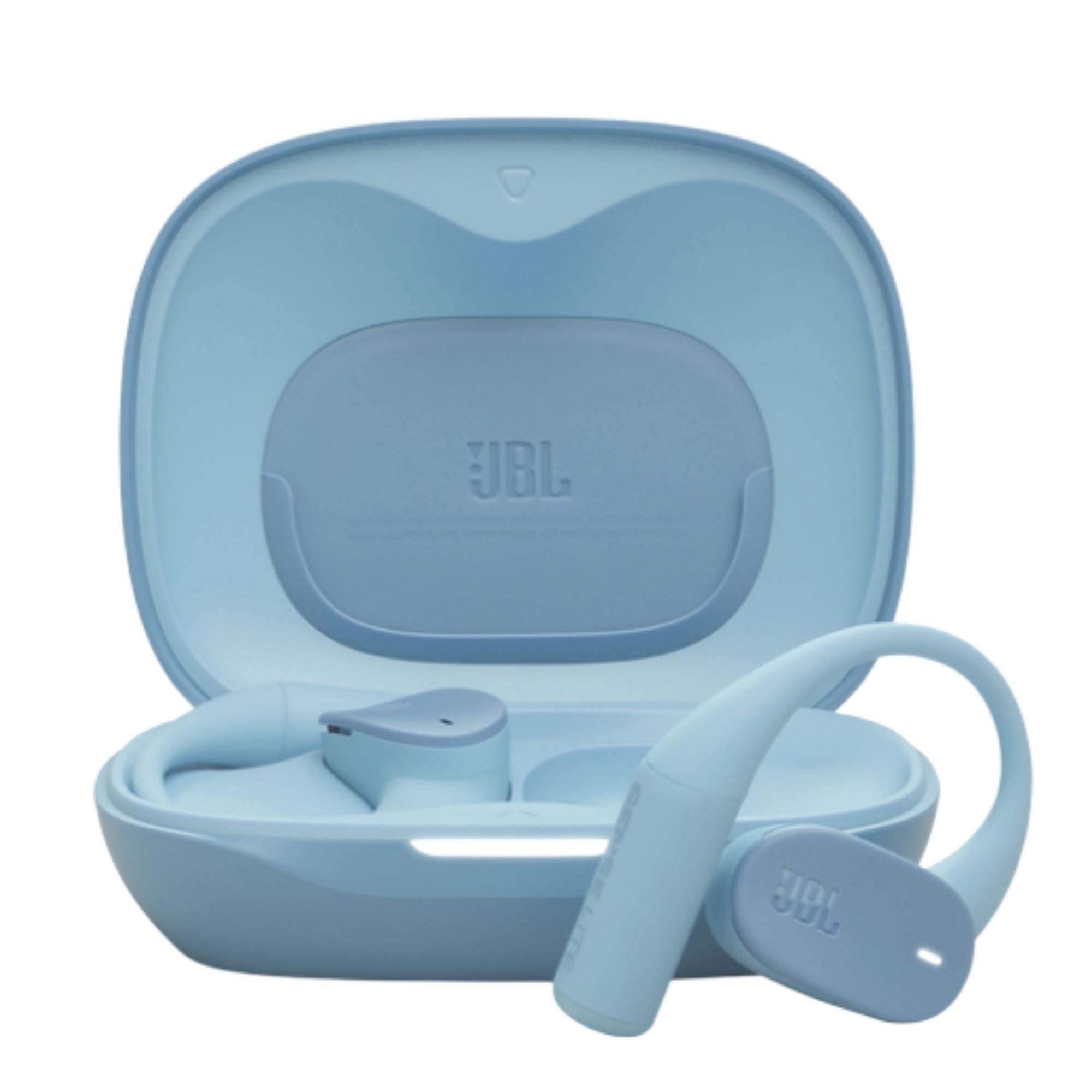 Caja de audífonos JBL Sense Lite azules con estuche de carga en vista diagonal