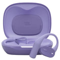 Caja de audífonos JBL Sense Lite morados con diseño de gancho en vista diagonal
