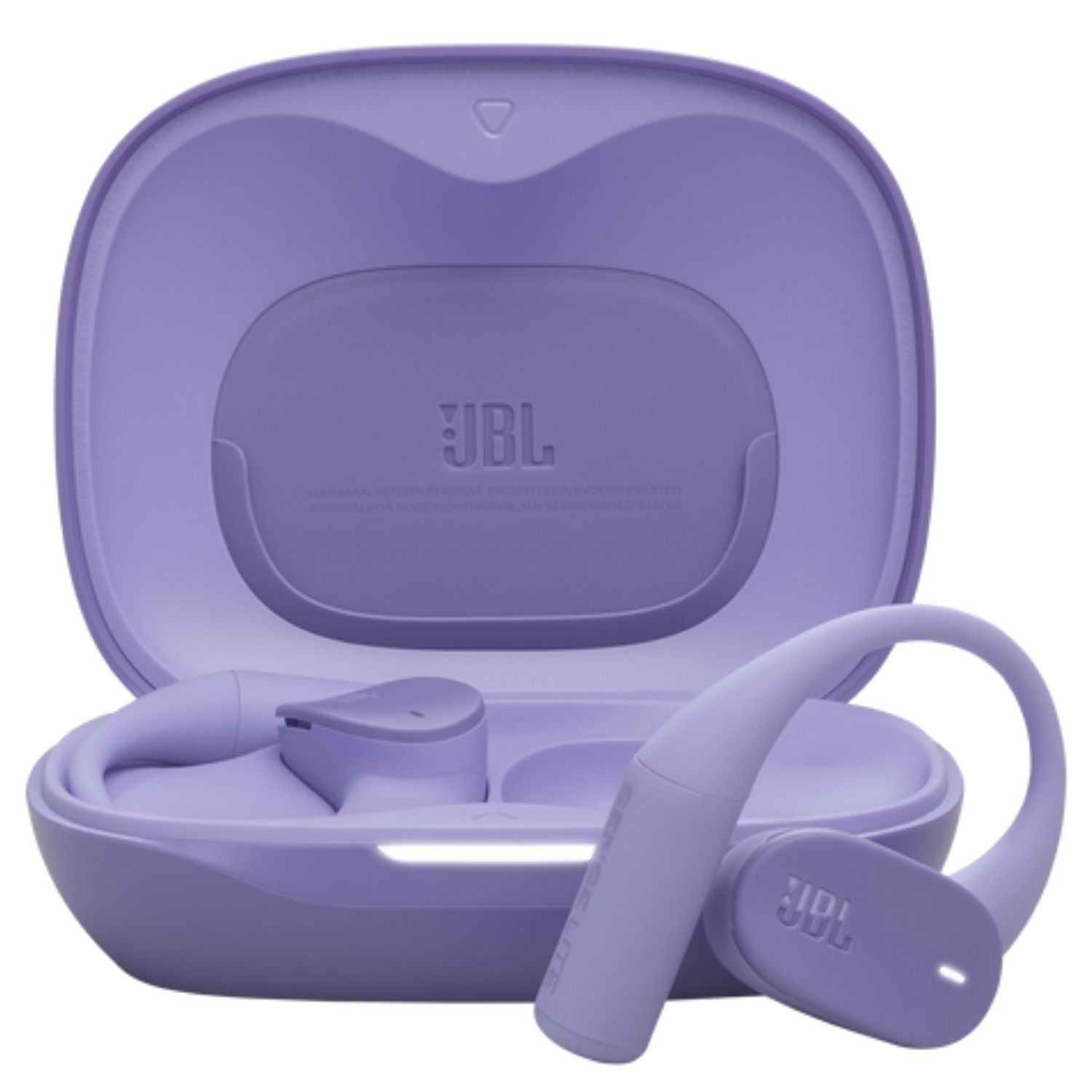 Caja de audífonos JBL Sense Lite morados con diseño de gancho en vista diagonal