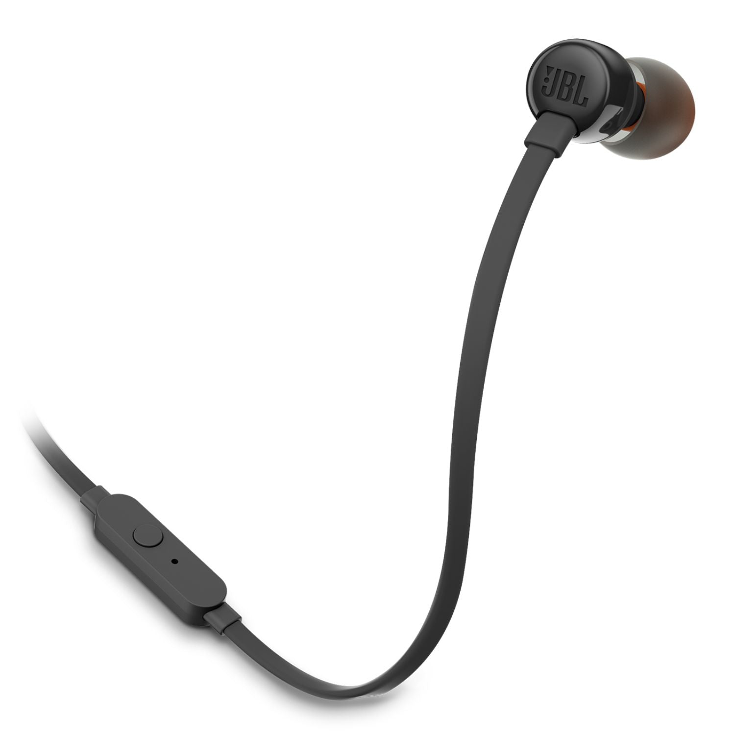 Audífono intraaural con cable negro, punta de silicona gris y aro naranja en vista lateral