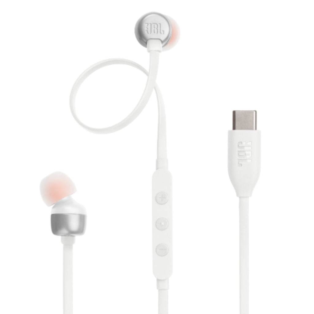 Auriculares intrauditivos con cable blancos y almohadillas rosa en vista frontal