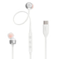 Auriculares intrauditivos con cable blancos y almohadillas rosa en vista frontal