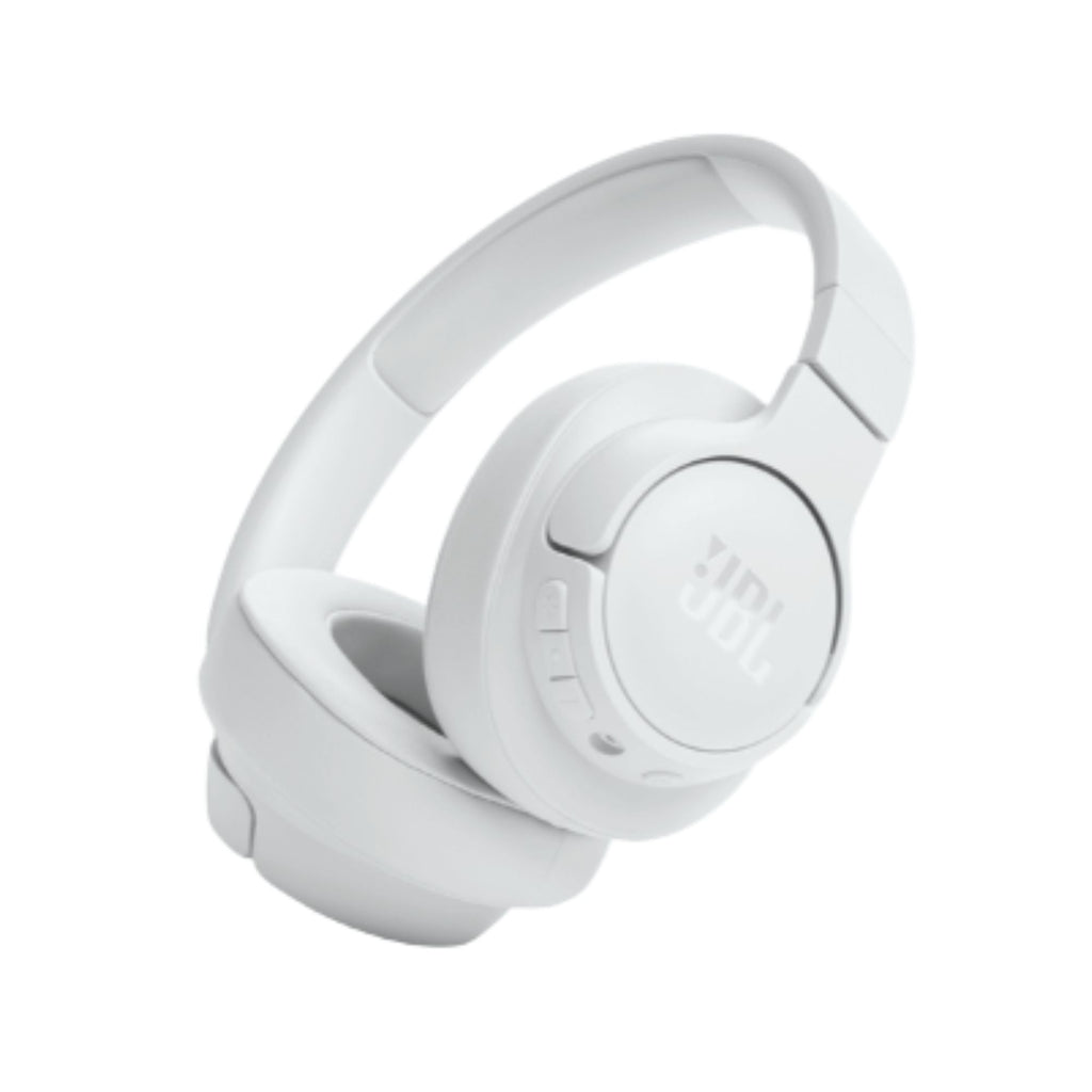 Audífonos JBL Tune 720BT blancos en vista diagonal con caja y cables incluidos