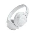 Audífonos JBL Tune 720BT blancos en vista diagonal con caja y cables incluidos