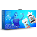 Caja azul Bytech con luces clip on corazón y estrella para selfies en vista diagonal